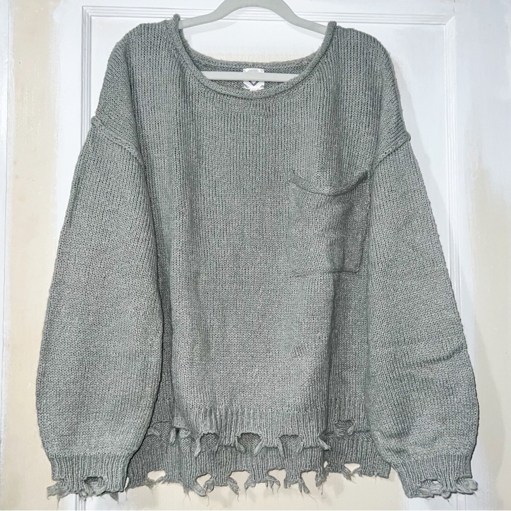 Freshman 1996 Wide Neck Distressed Knit Sweater - Gray, Size M